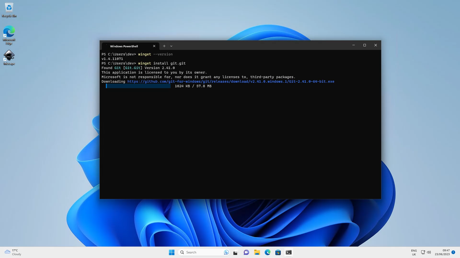 screen shot of windows terminal with git downloading